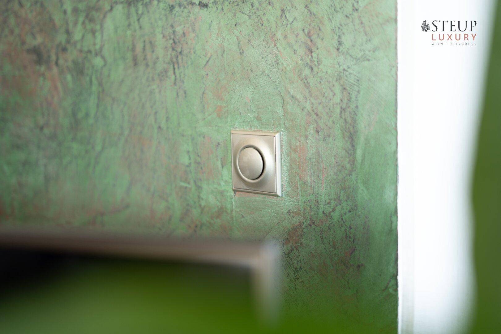 Detailaufnahme eines Lichtschalters an einer strukturierten grünen Wand.
