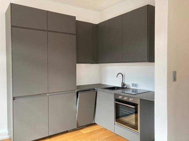 Moderne Einbauküche in Grau mit integrierten Geräten, Induktionskochfeld und Backofen.