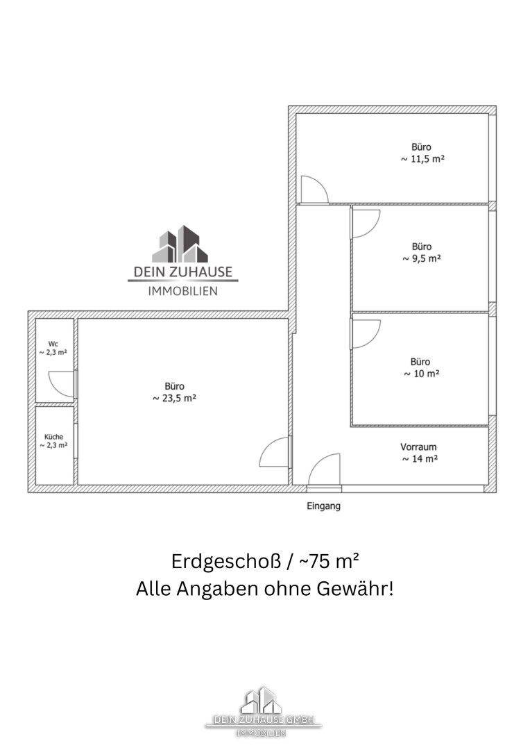 Grundriss des Erdgeschosses mit mehreren Büroräumen, einer Küche und einem WC, insgesamt ca. 75 m².