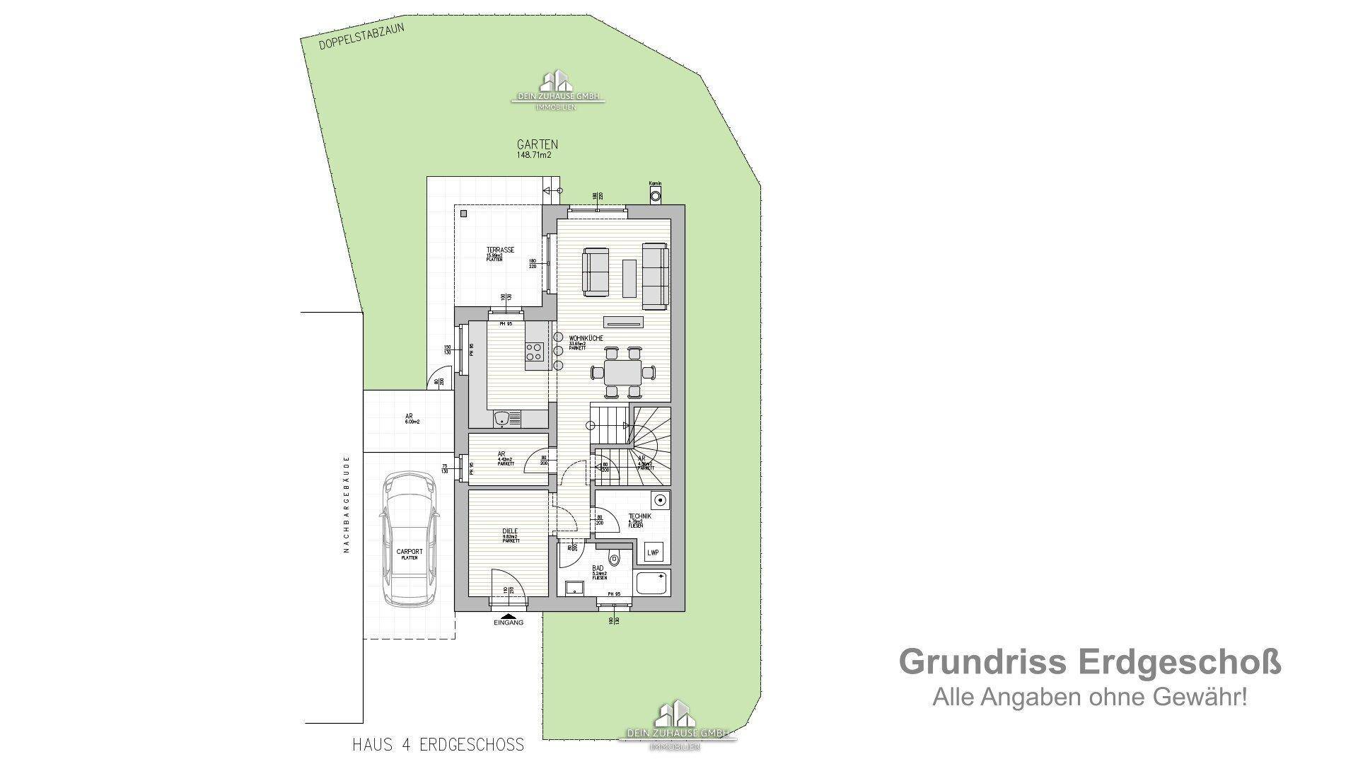 Grundriss des Erdgeschosses mit offenem Wohnbereich, Küche, Gäste-WC und Carport.