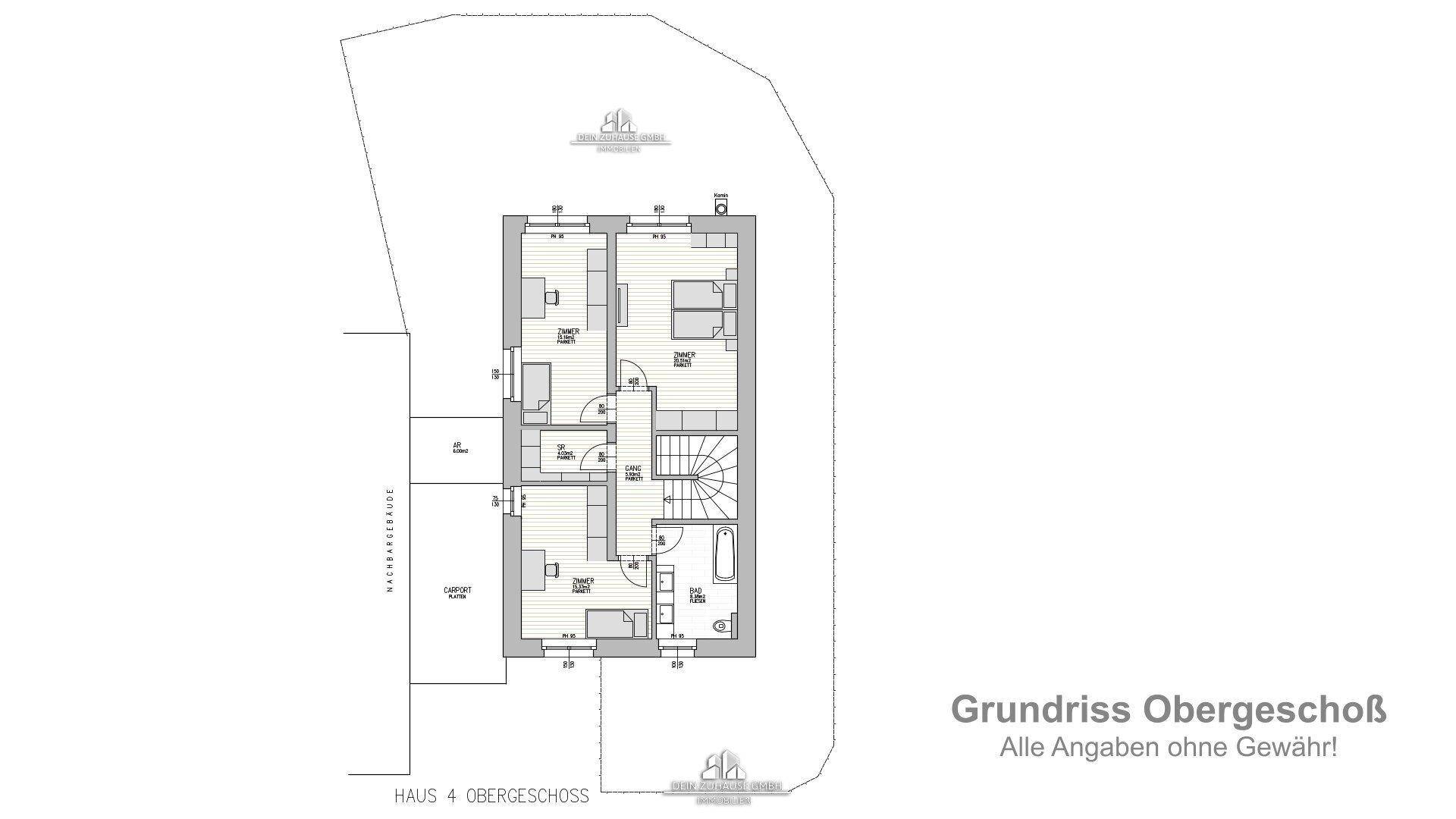 Grundriss des Obergeschosses mit Schlafzimmern, Badezimmer und Balkonzugang.