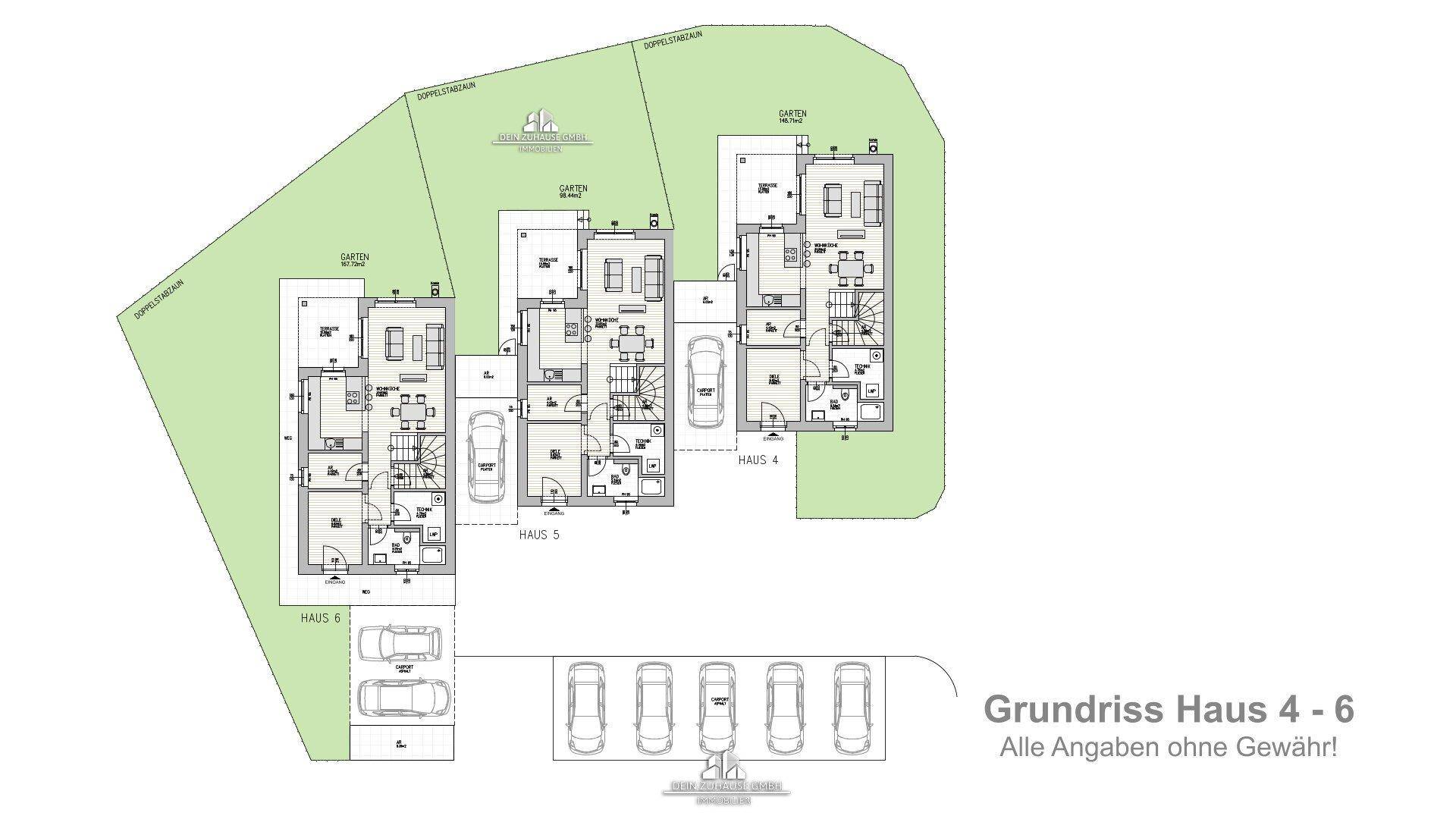 Übersichtsgrundriss der Häuser 4 bis 6 mit Gärten, Carports und zusätzlichen Parkplätzen.
