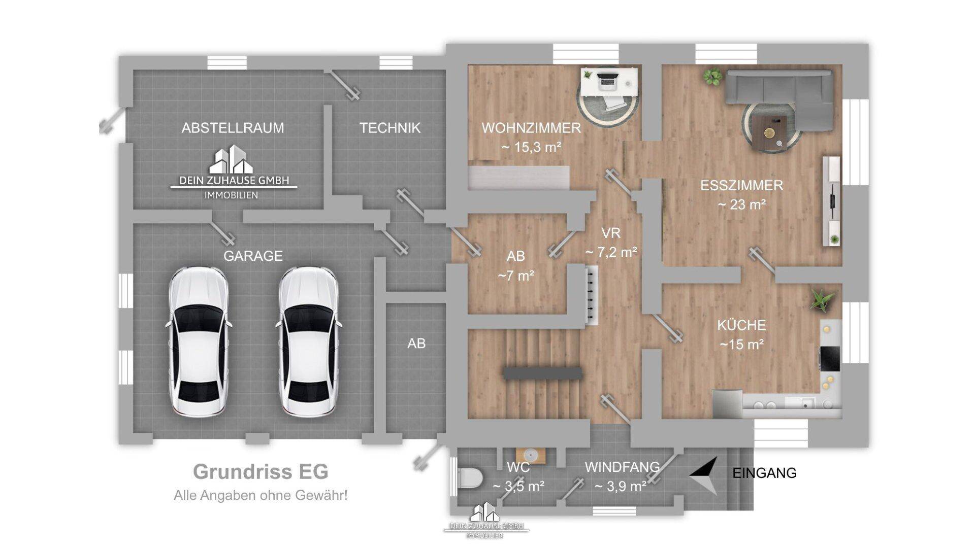 Grundriss des Erdgeschosses mit Garage, Wohnzimmer, Esszimmer und Küche.