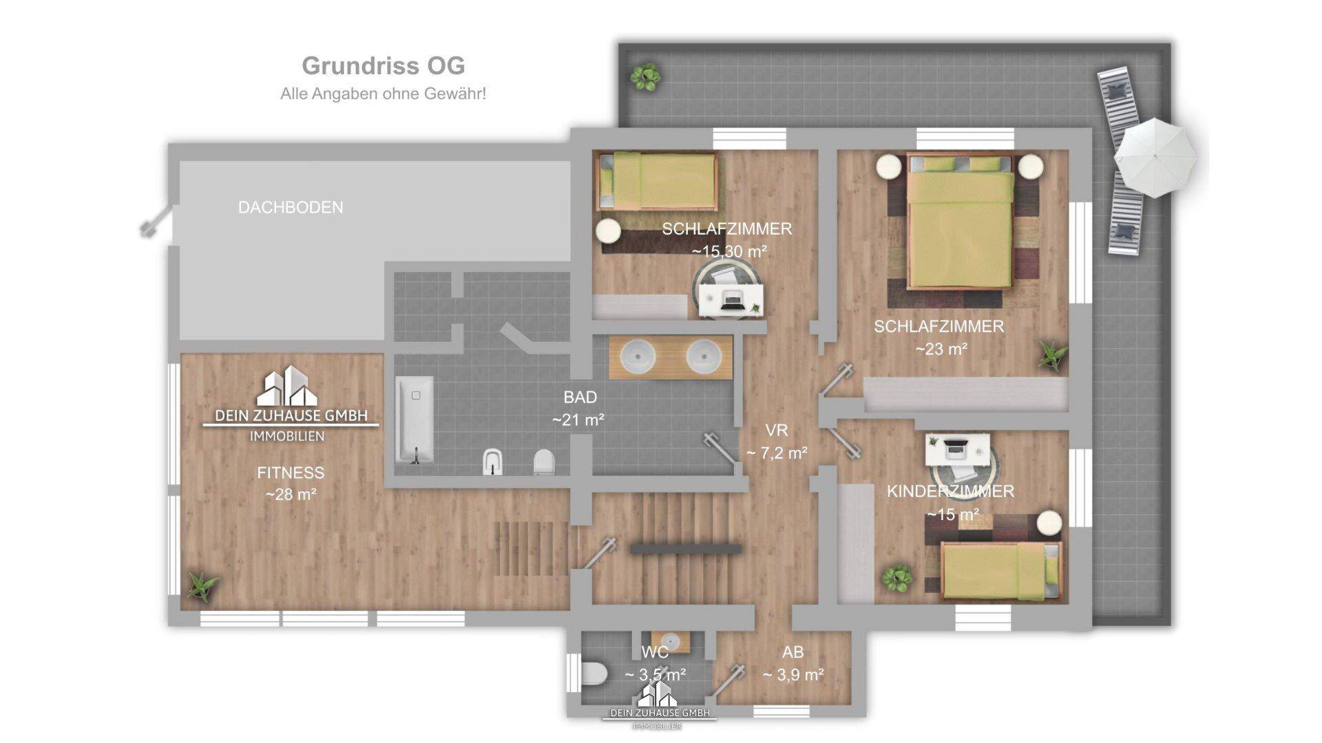Grundriss des Obergeschosses mit drei Schlafzimmern, Bad, WC und Dachterrasse.