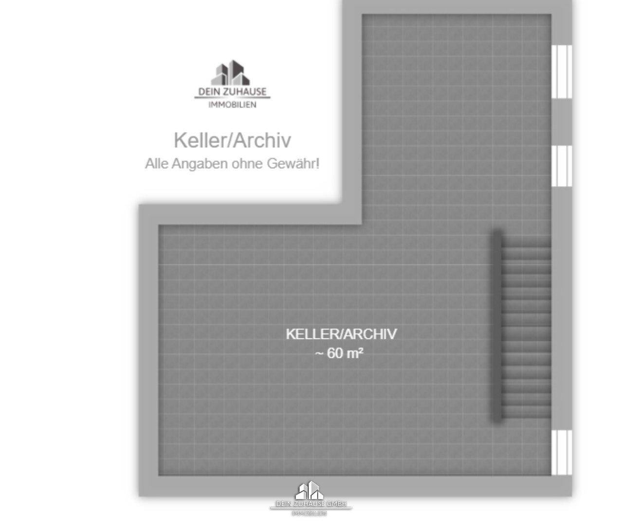 Grundriss des Kellergeschosses mit großem Archiv- und Lagerbereich von etwa 60 m².