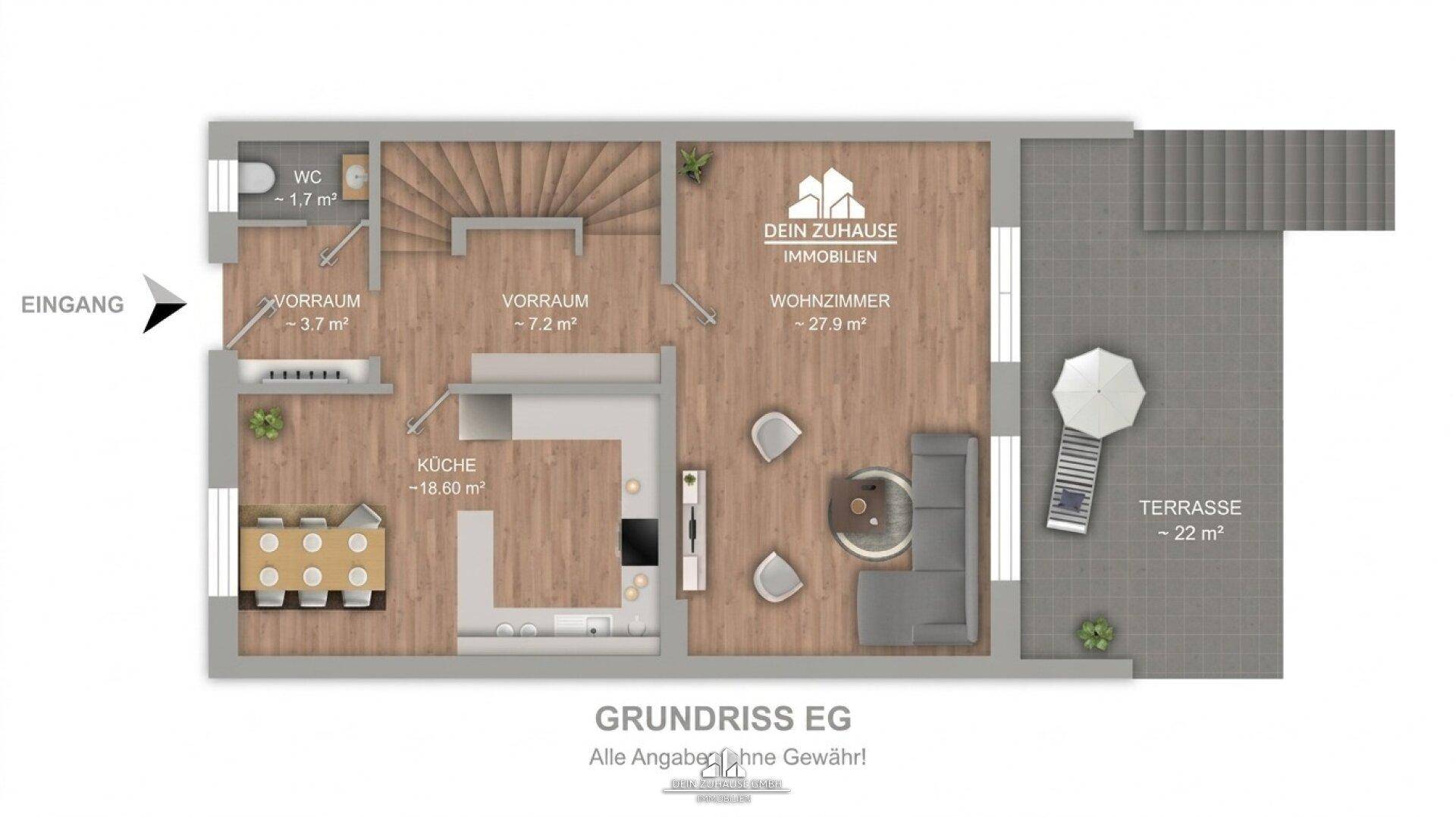 Grundriss des Erdgeschosses mit offener Küche, Wohnzimmer, Gäste-WC und großer Terrasse.