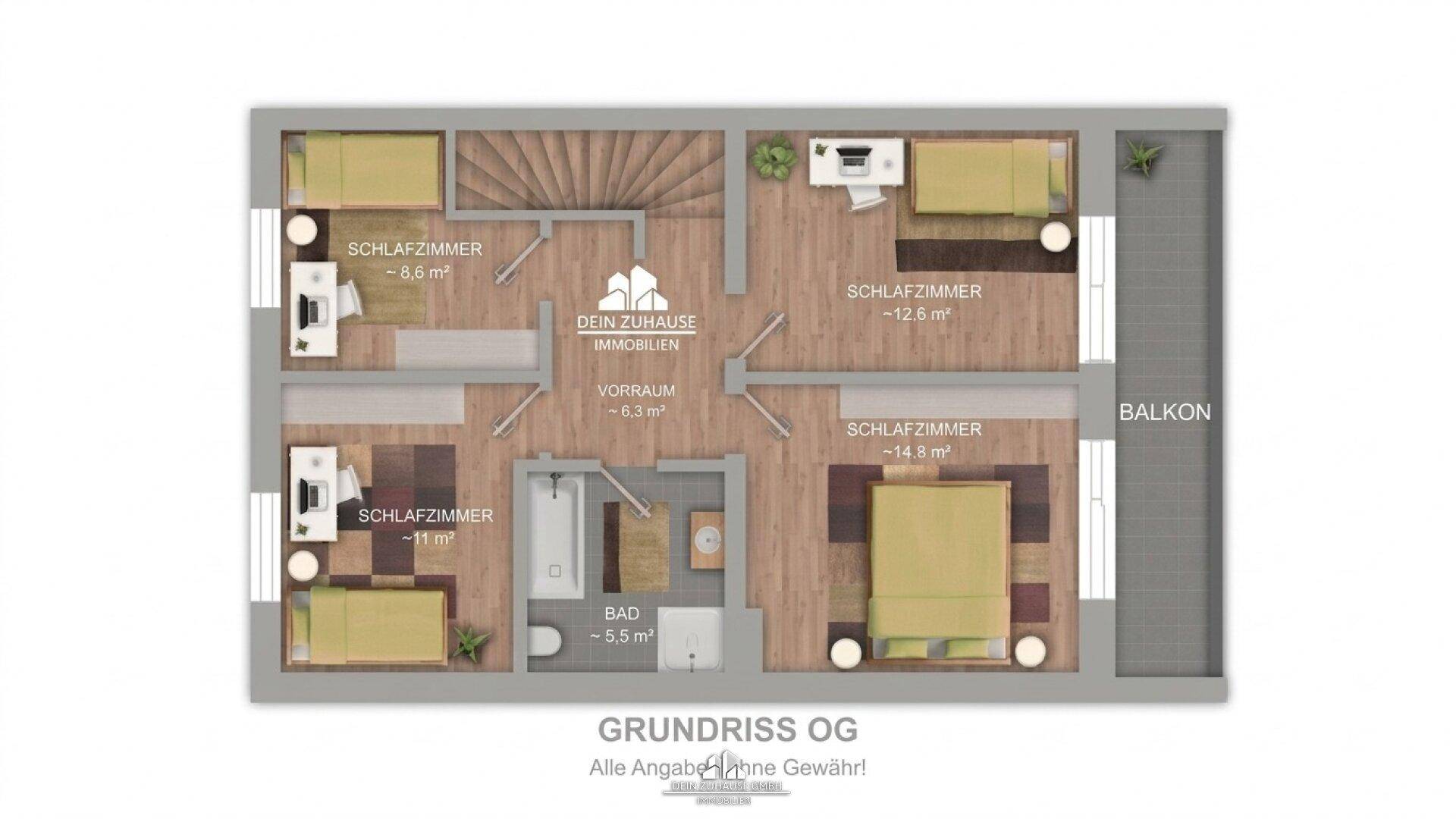 Grundriss des Obergeschosses mit vier Schlafzimmern, einem Badezimmer und Balkonzugang.