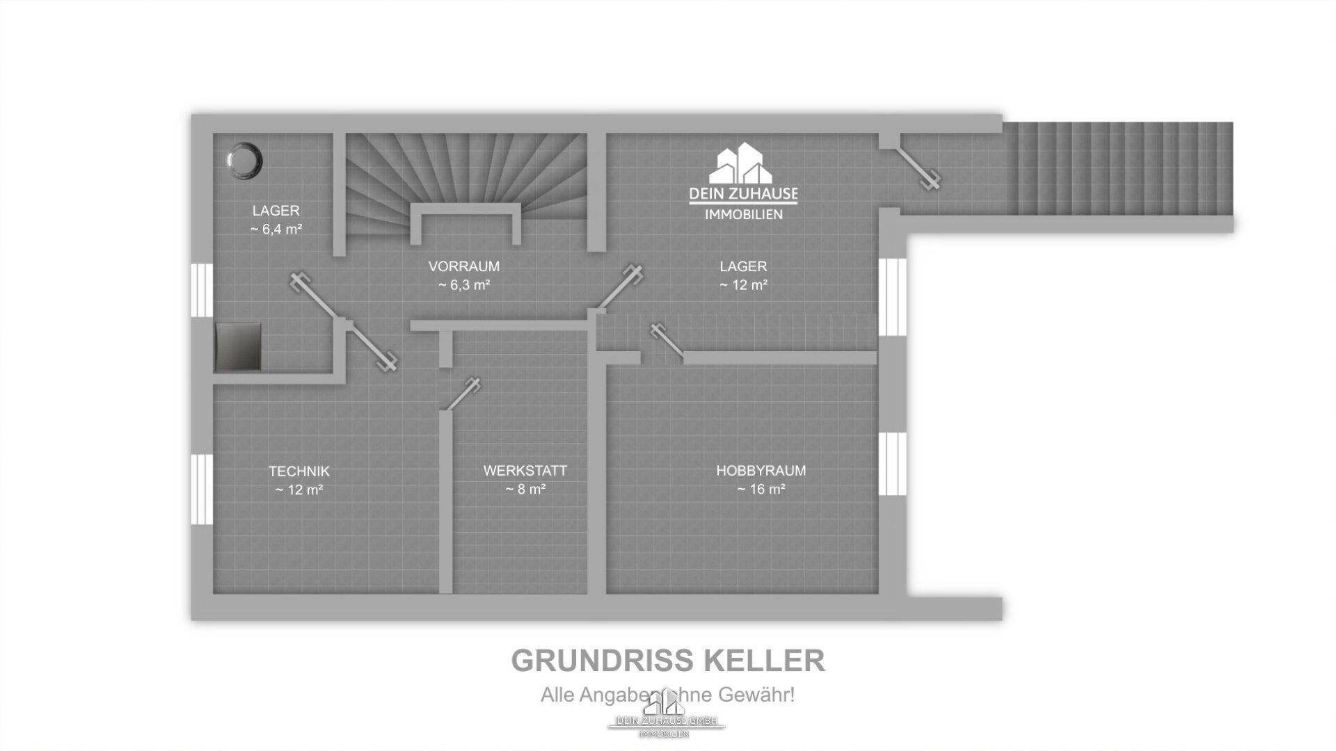 Grundriss des Kellers mit Lagerflächen, Werkstatt und Hobbyraum.