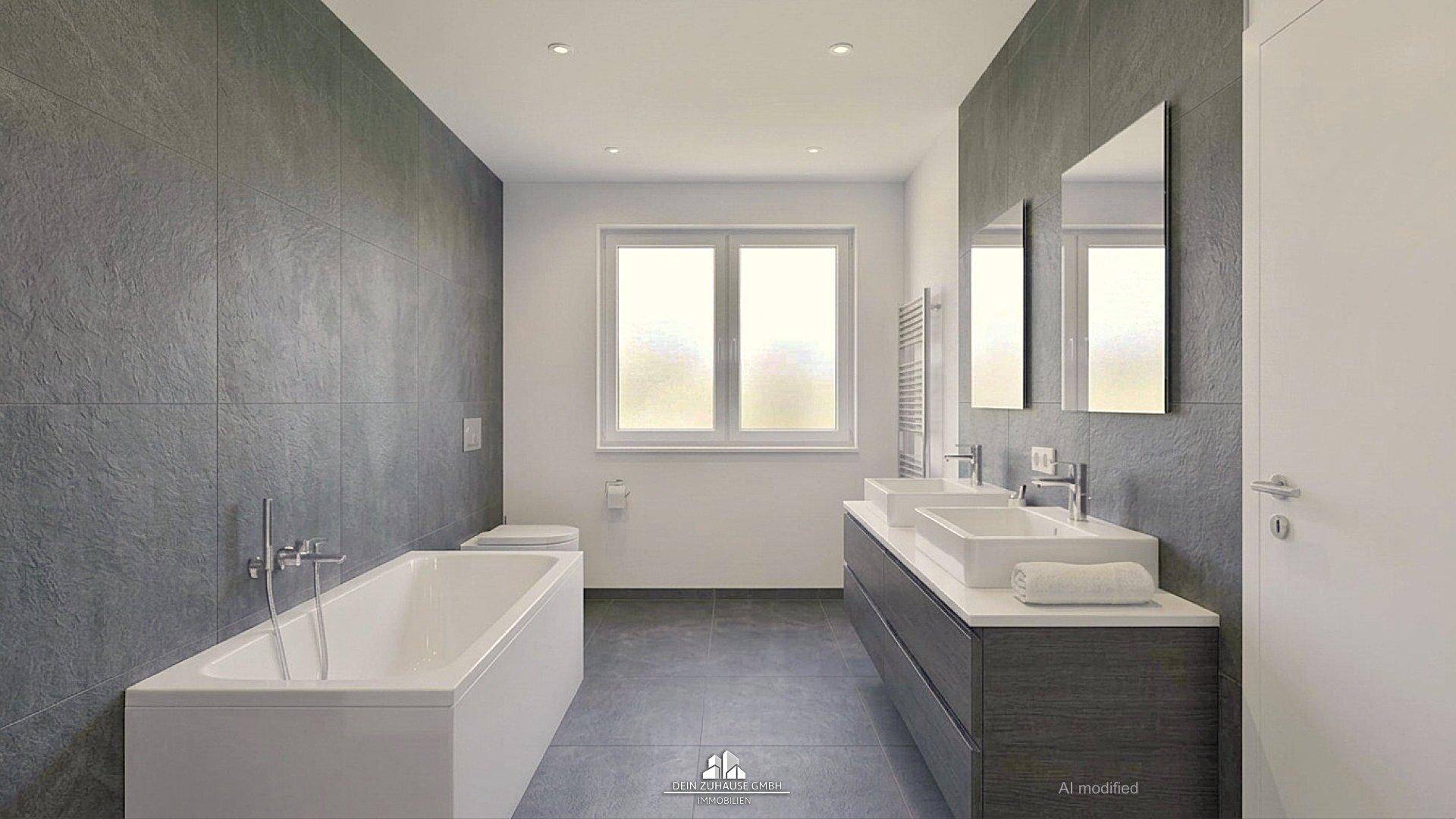 Modernes Badezimmer mit großen grauen Fliesen, Badewanne, Doppelwaschbecken und Fenster für Tageslicht.