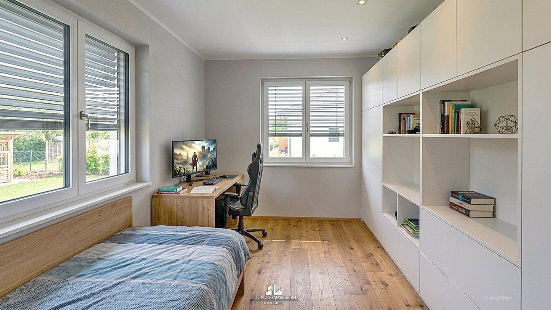 Helles Zimmer mit Holzboden, Schreibtisch, Einzelbett und praktischen weißen Einbauschränken.