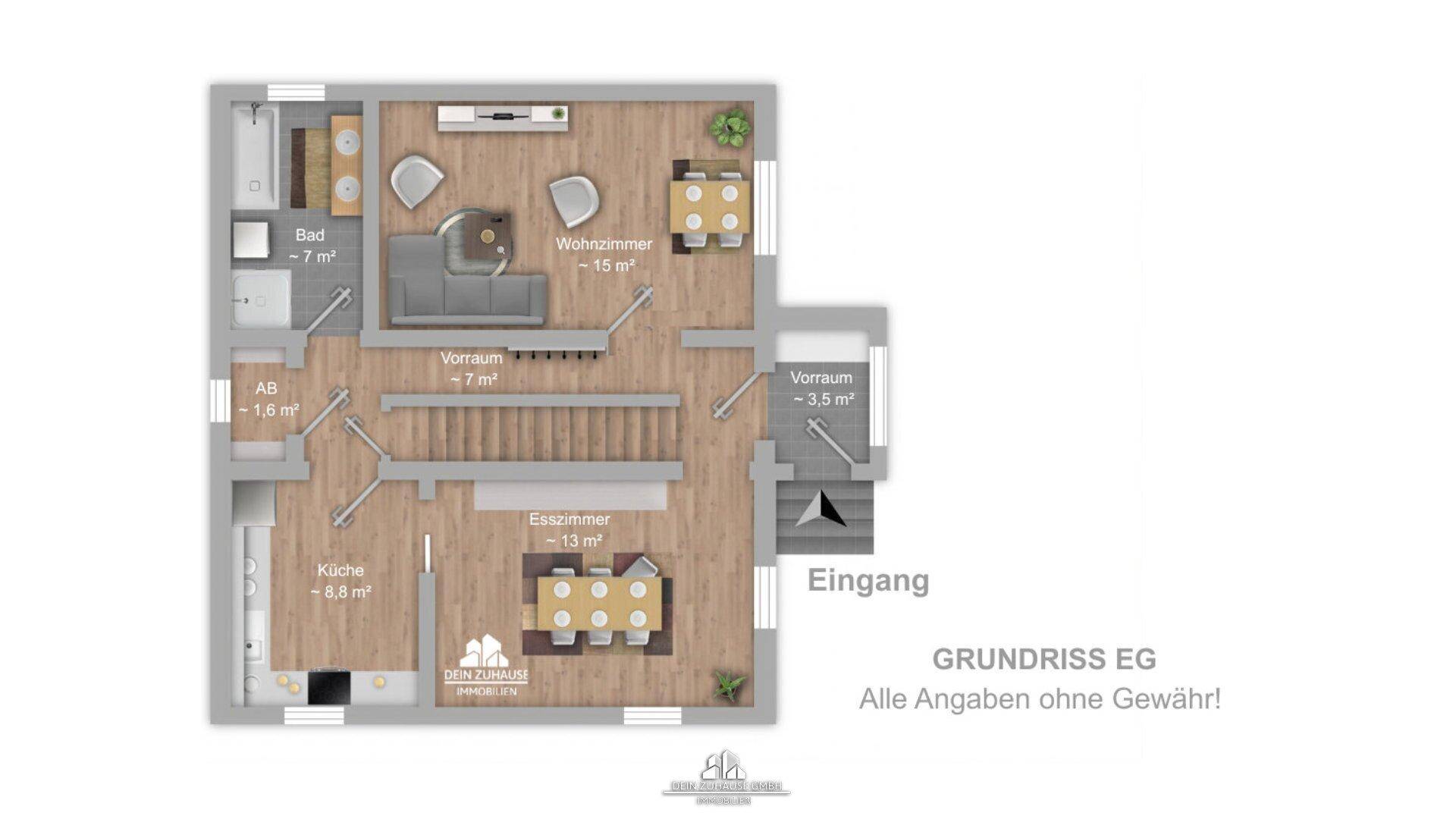 Grundriss des Erdgeschosses mit Wohnzimmer, Küche, Esszimmer und Bad, inklusive Flächenangaben.