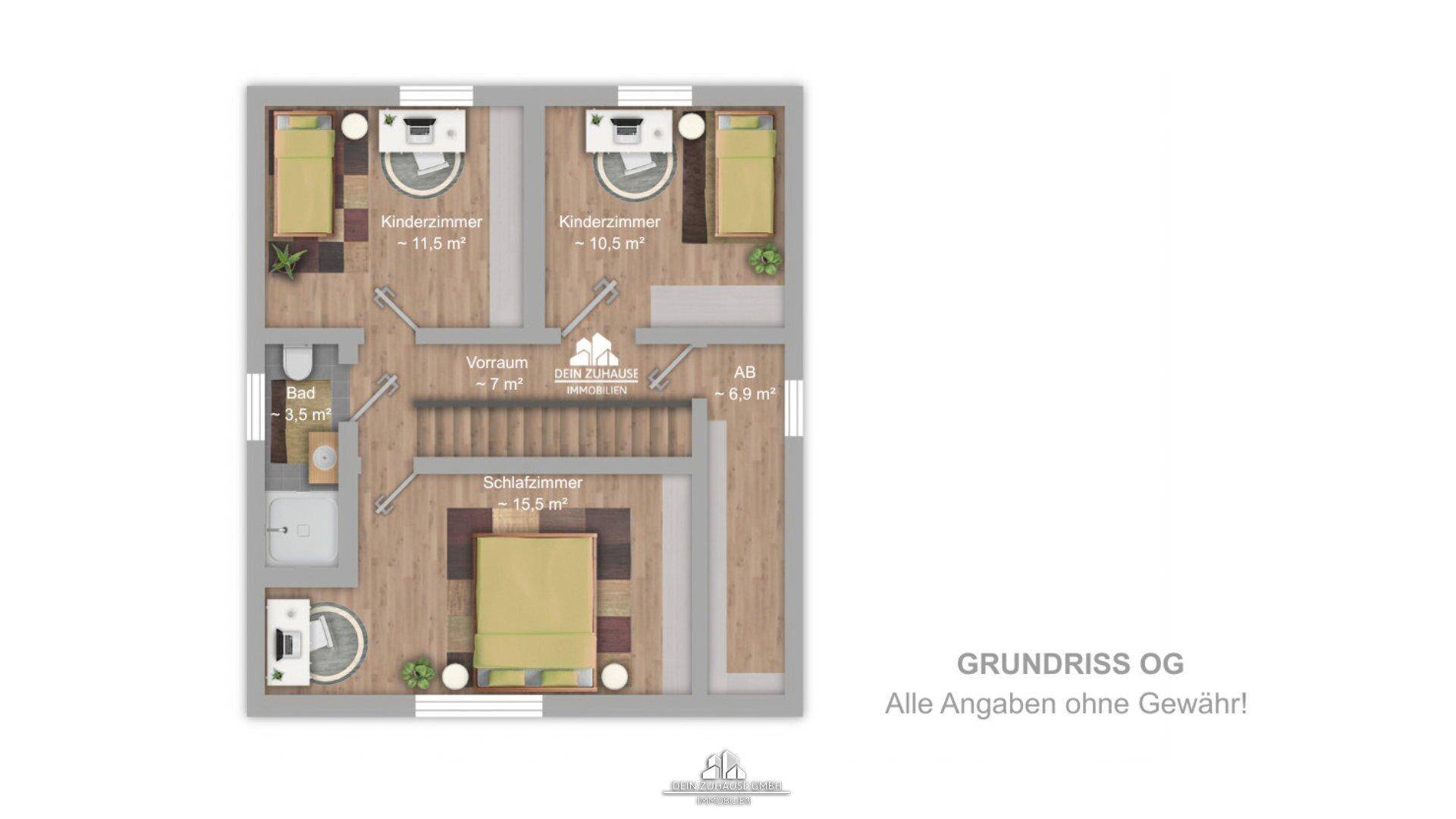 Grundriss des Obergeschosses mit Schlafzimmer, zwei Kinderzimmern und einem Badezimmer.
