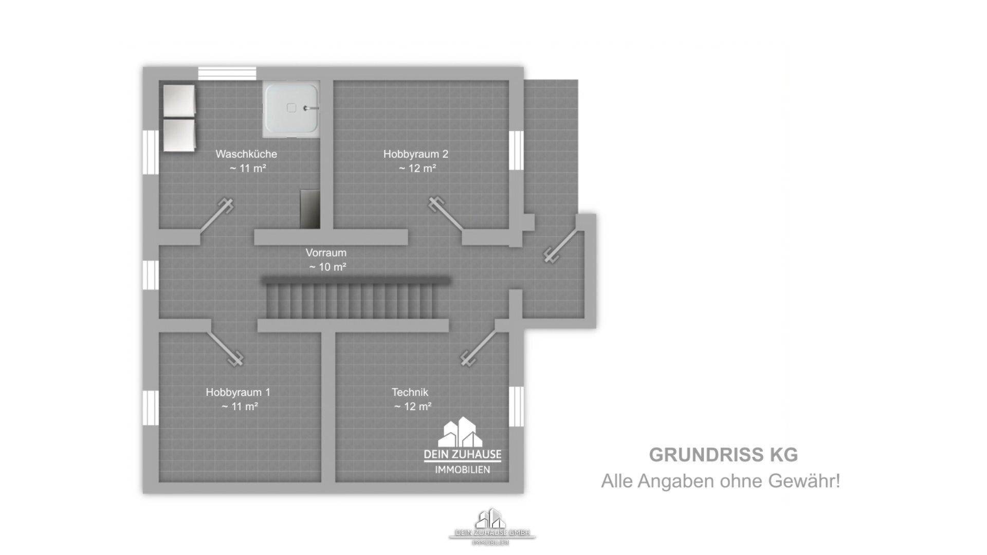 Grundriss des Kellergeschosses mit Waschküche, Hobbyräumen und Technikraum.