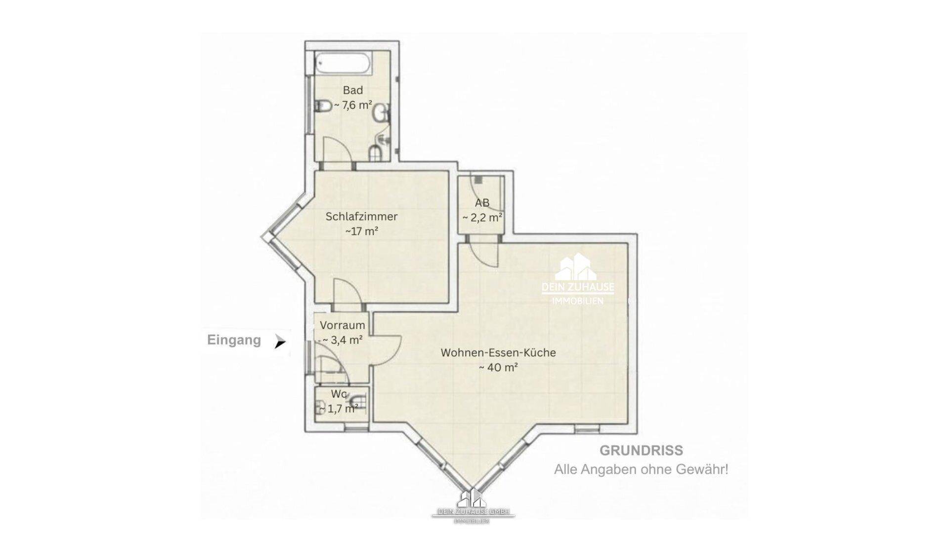 Grundriss zeigt eine Wohnung mit Wohn-Ess-Küche, Schlafzimmer, Bad und separatem WC.