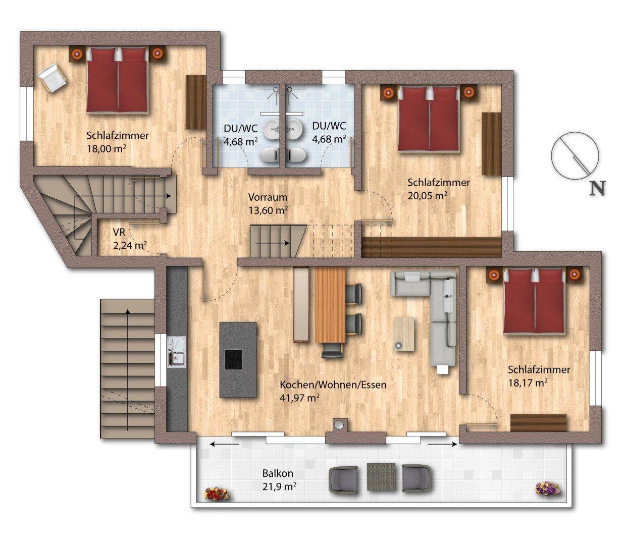 Grundriss mit drei Schlafzimmern, offenem Wohnbereich, zwei Bädern und einem Balkon.