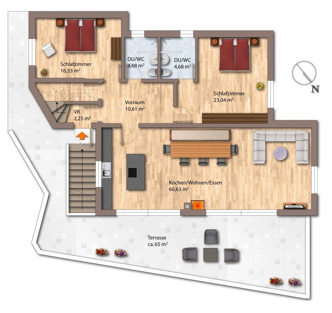 Grundriss mit offenem Wohn-Essbereich, zwei Schlafzimmern, zwei Bädern und großer Terrasse.