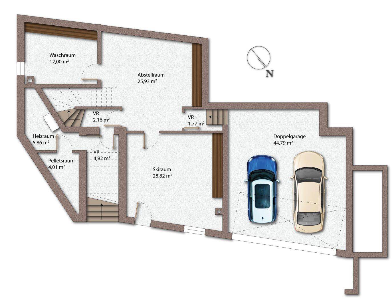 Grundriss des Untergeschosses mit Doppelgarage, Waschraum, Abstellraum und Skiraum.