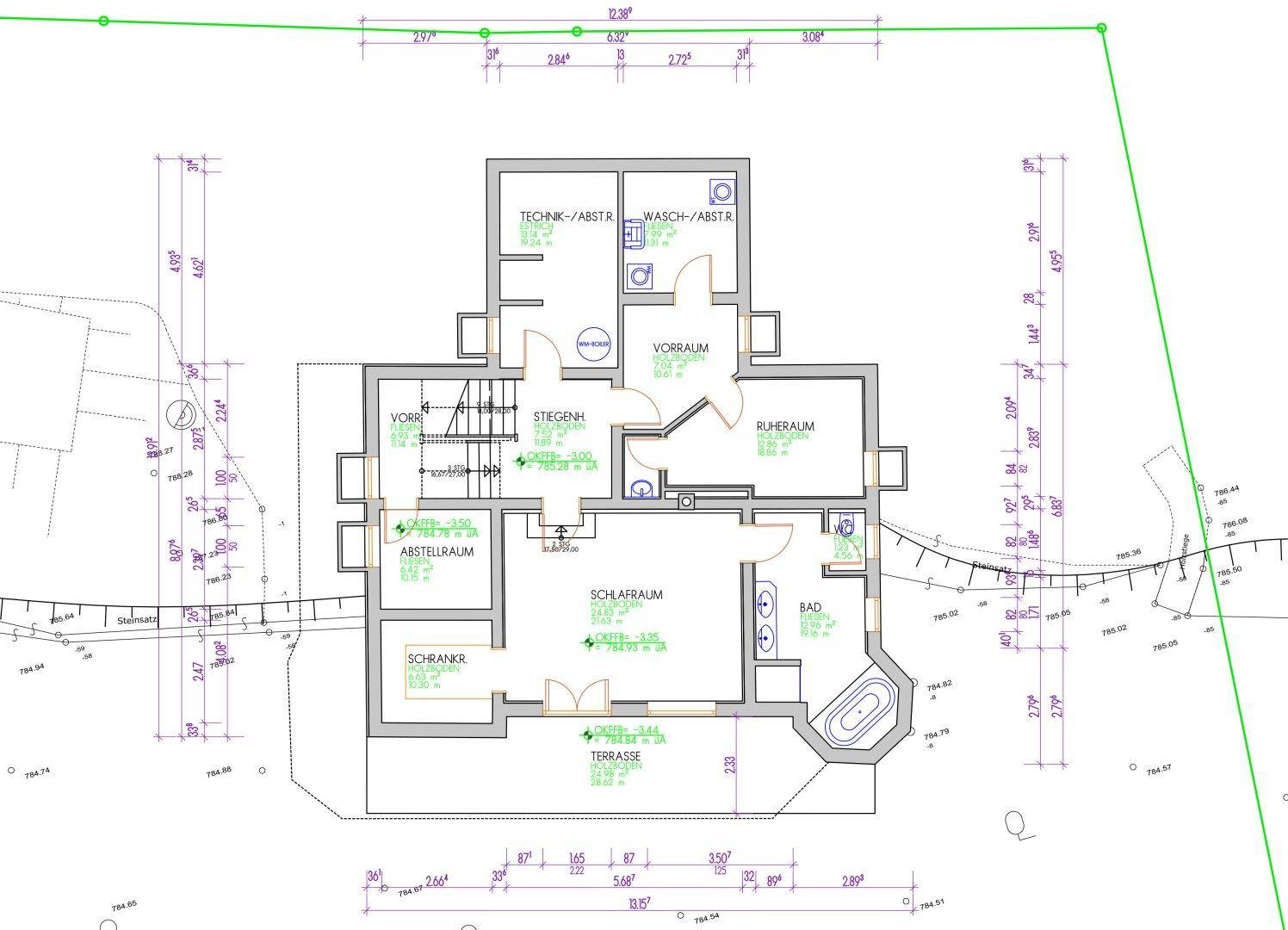 Grundriss des Untergeschosses mit Schlafzimmer, Bad, Abstellraum und Terrasse.