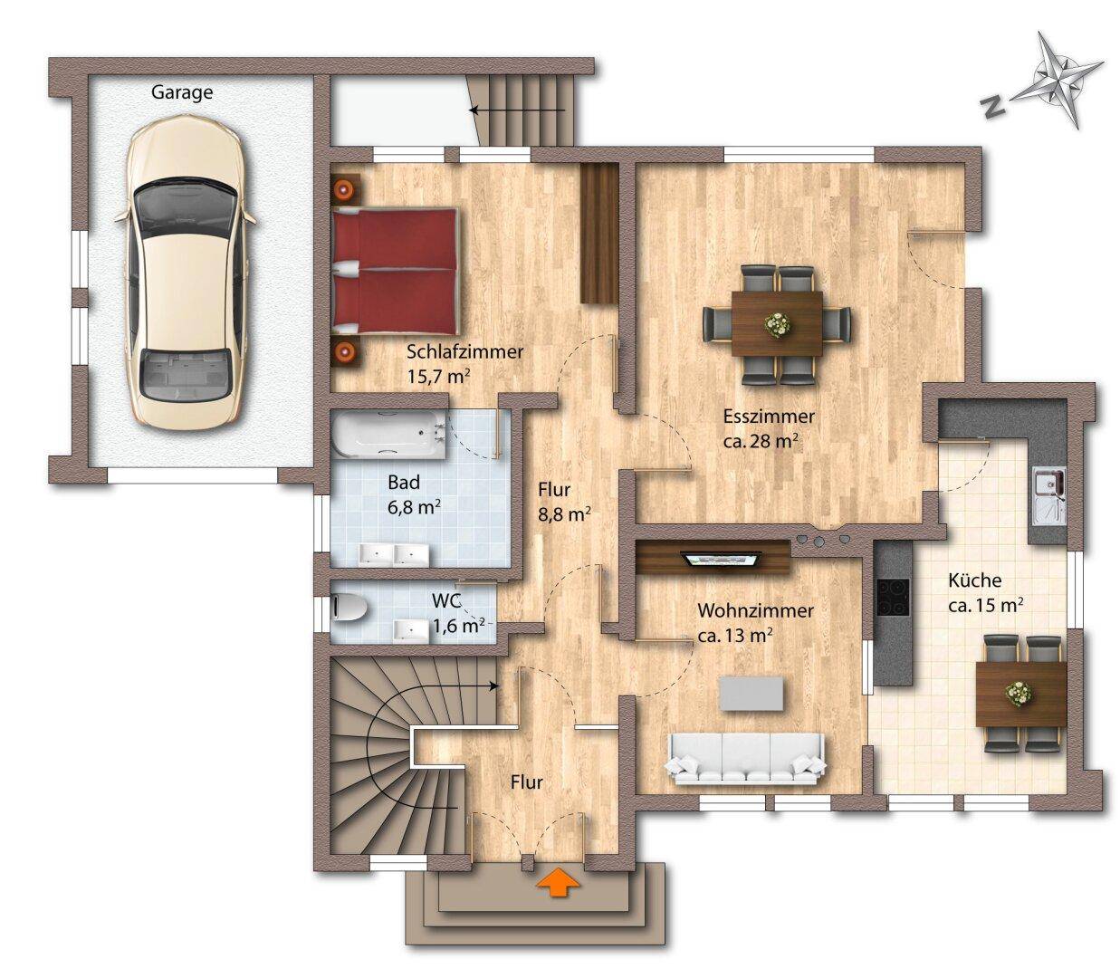 Grundriss des Erdgeschosses mit offenem Wohnbereich, Schlafzimmer, Bad und Garage.