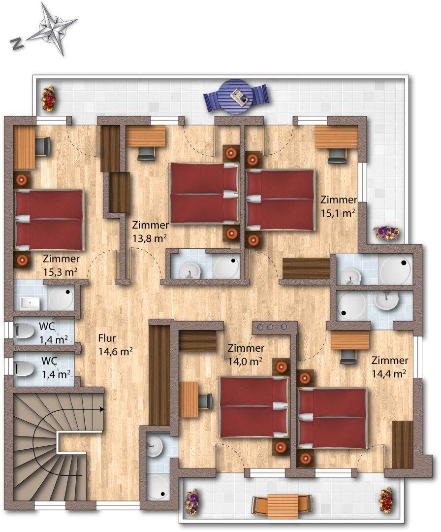 Grundriss des Obergeschosses mit mehreren Schlafzimmern, Bädern und einem kleinen Balkon.