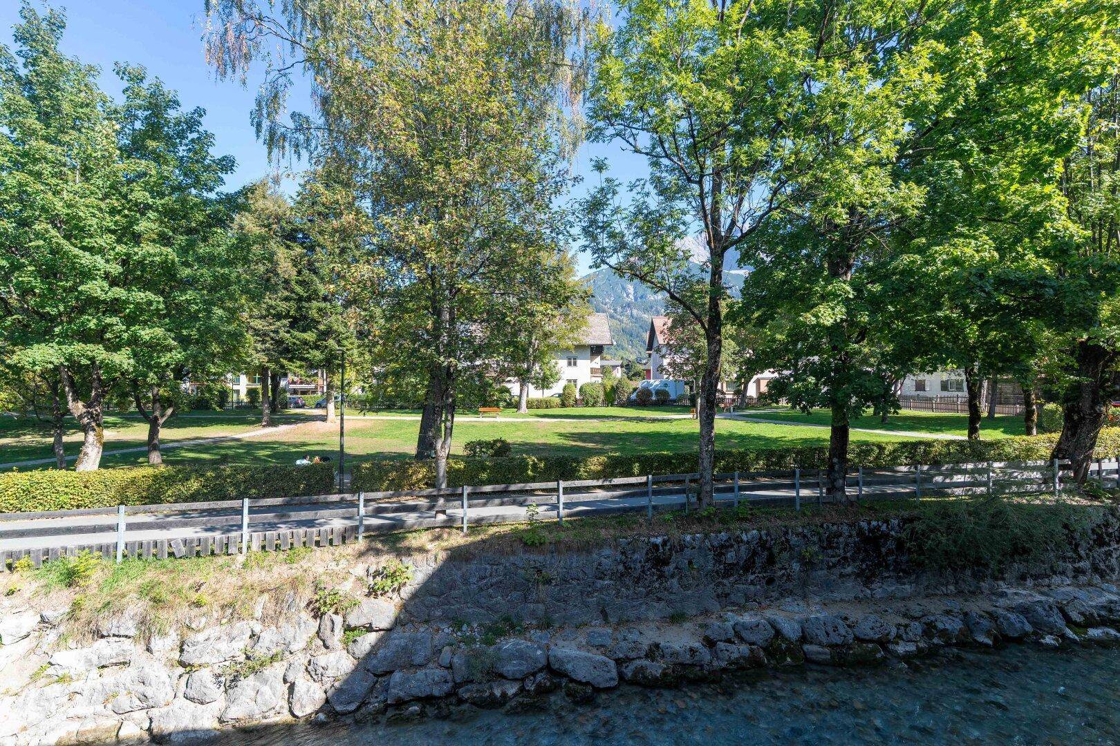 Malerischer Blick auf einen grünen Park mit Bäumen, einem Fluss und Häusern im Hintergrund.