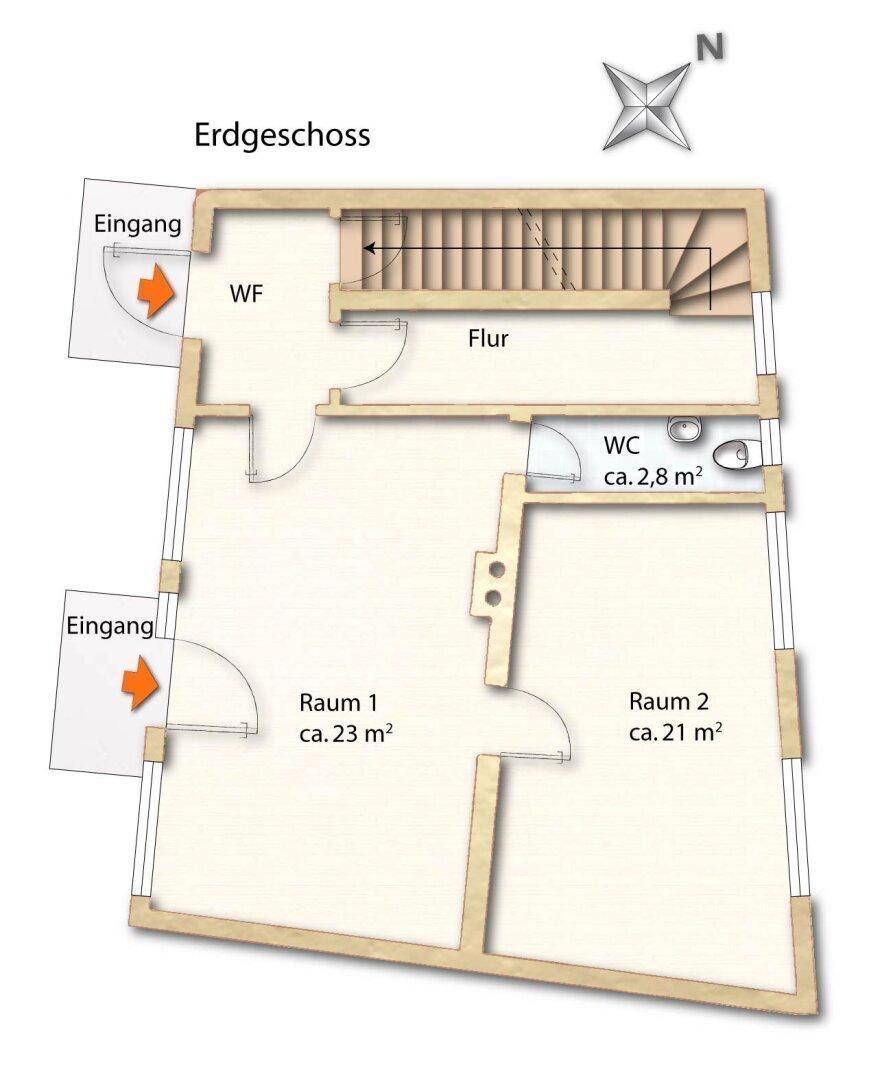 Grundriss des Erdgeschosses mit zwei Eingängen, Flur, WC und zwei flexiblen Räumen.