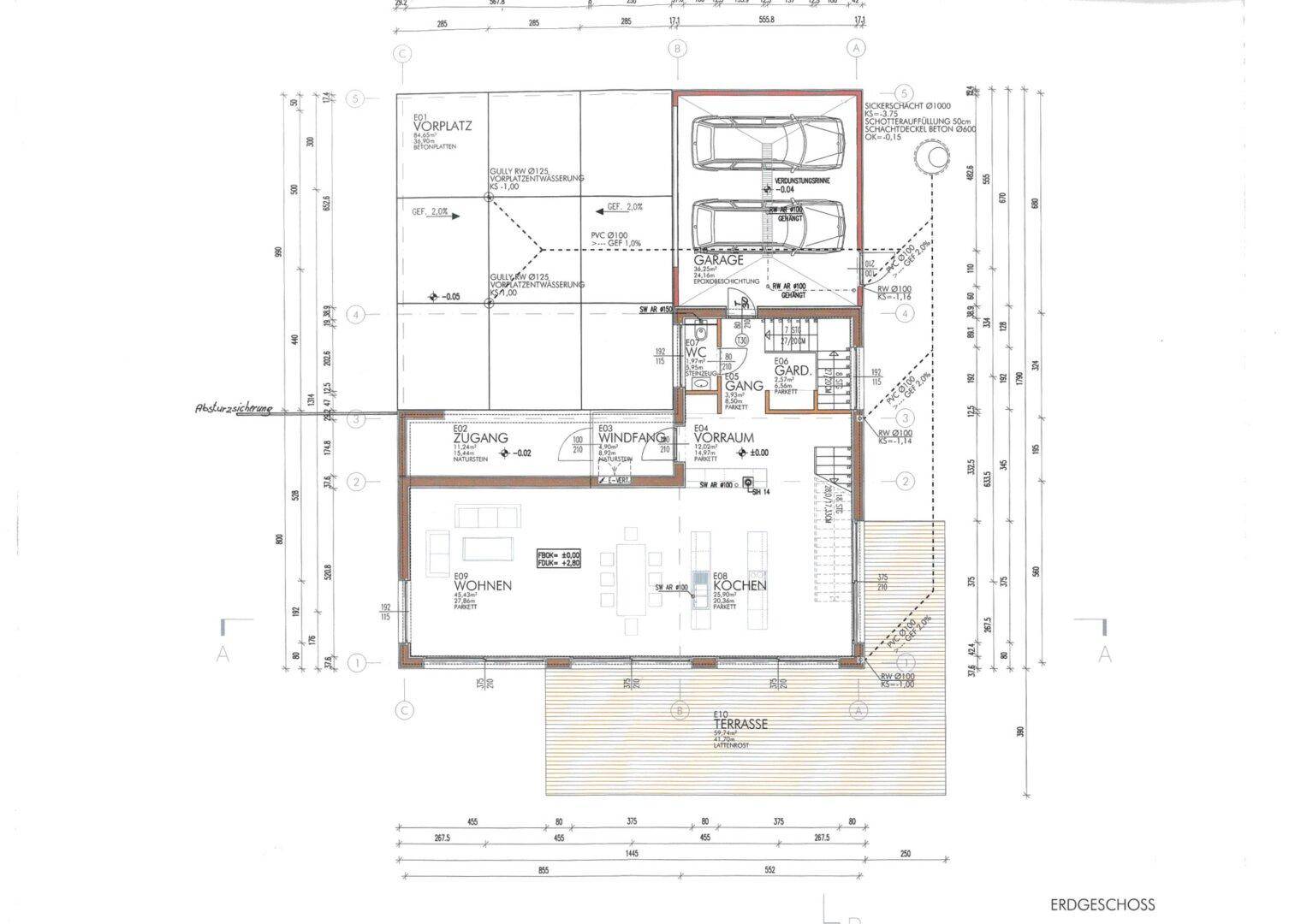 Grundriss des Erdgeschosses mit offenem Wohnbereich, Küche, Garage und Terrasse.