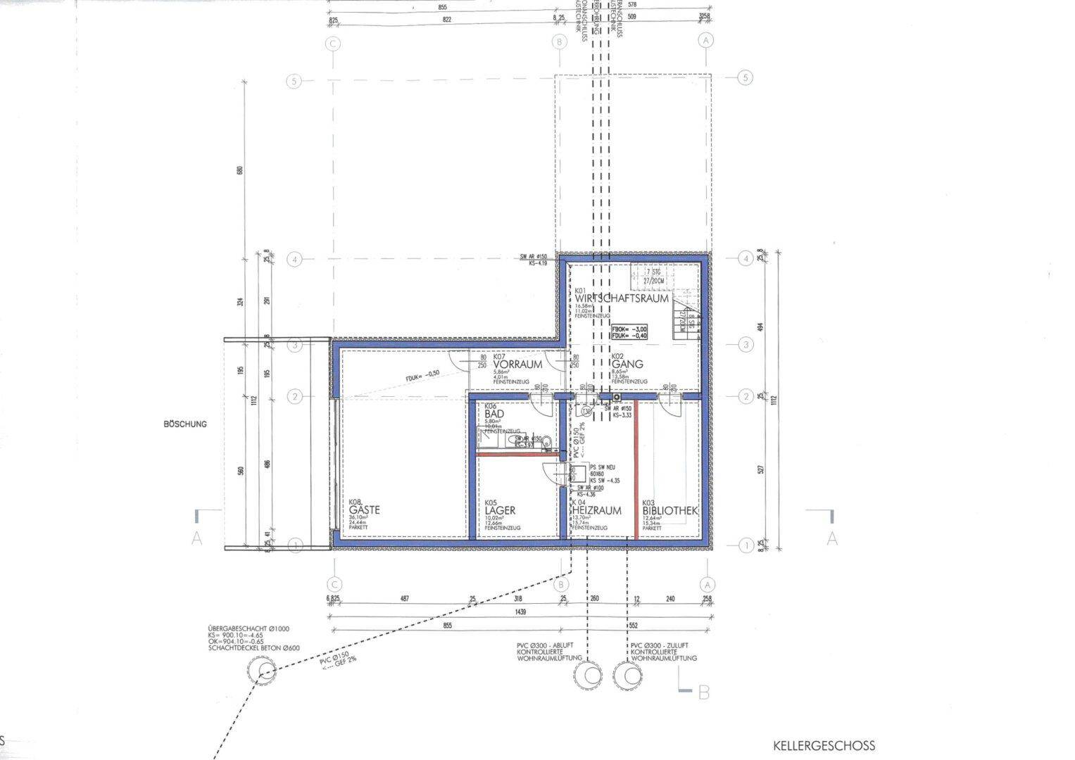 Grundriss des Kellergeschosses mit Lagerraum, Wirtschaftsraum, Gästezimmer und Bibliothek.