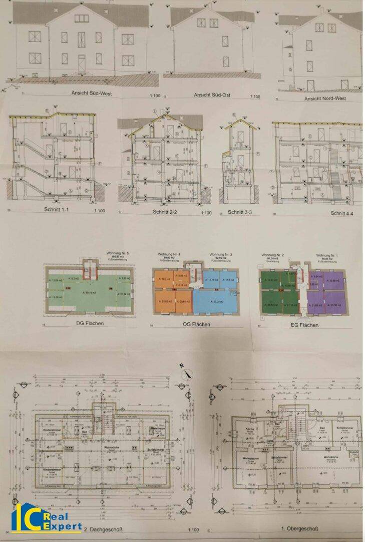 Übersichtliche Baupläne mit Schnitten und Grundrissen für verschiedene Geschosse und Wohnungen.