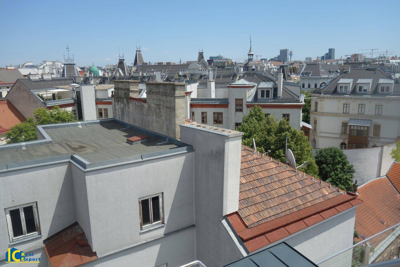 Panoramablick über die Dächer der Stadt mit vielfältiger Architektur und blauem Himmel.