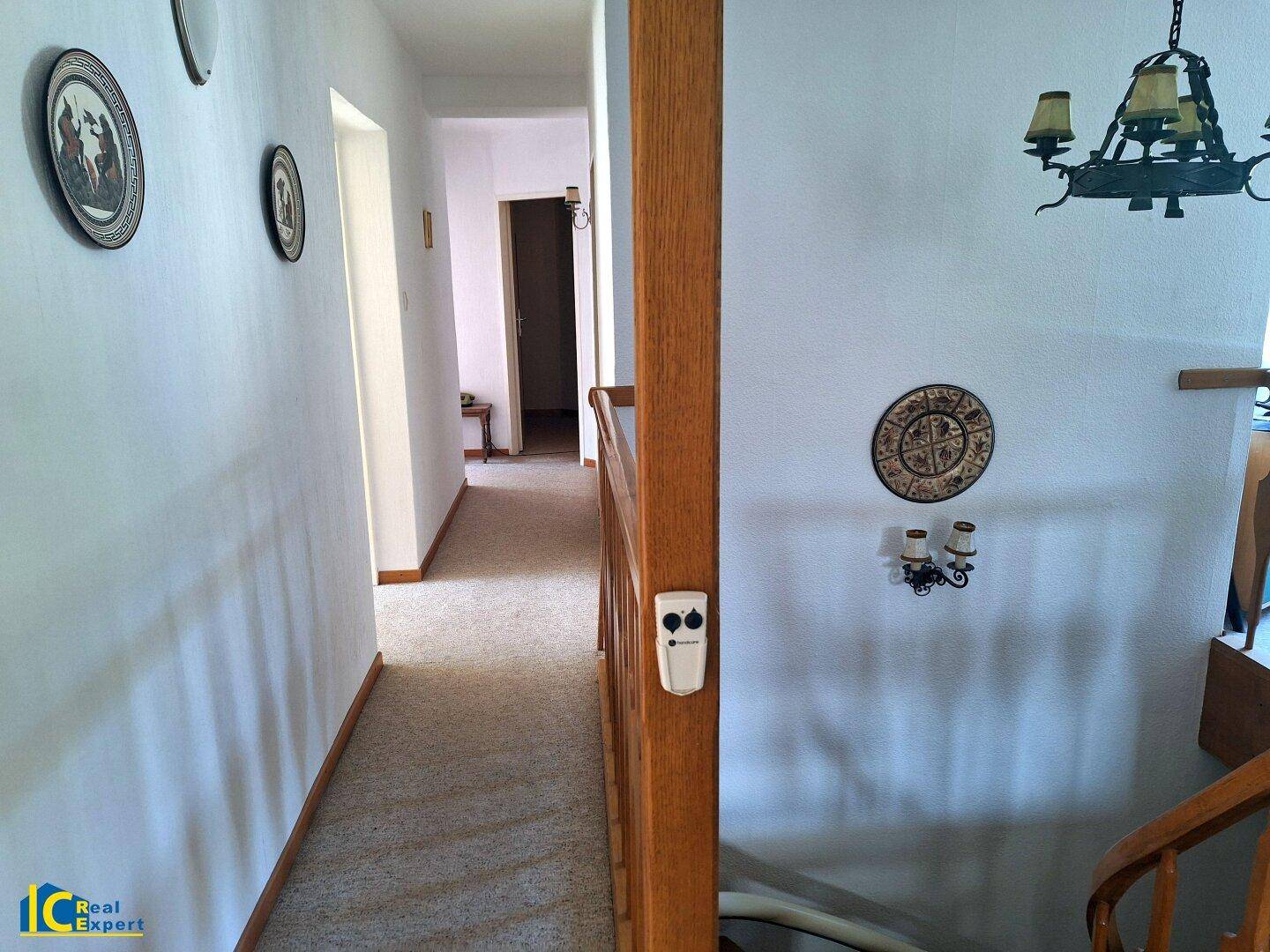 Heller Flur mit Teppichboden und Holztreppe, die in die obere Etage führt, klassisch gestaltet.