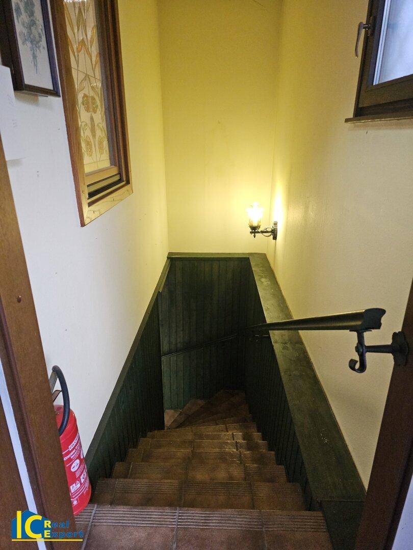 Treppenabgang in den Kellerbereich mit Holzverkleidung und Wandleuchte für gute Beleuchtung.