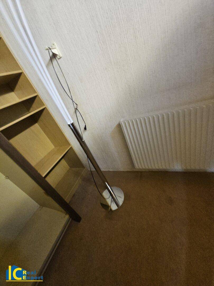Kellerraum mit Teppichboden, Regal und Stehlampe, ideal als zusätzlicher Stauraum.