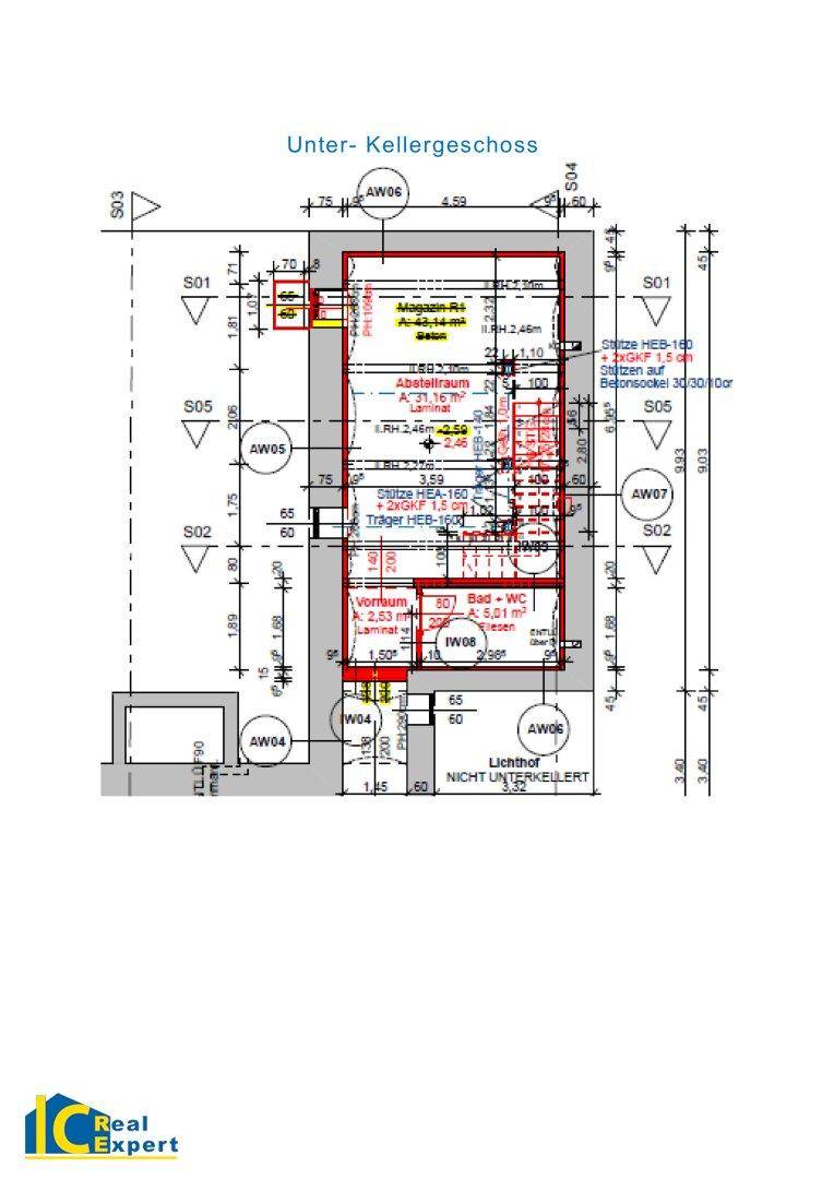 Grundriss des Untergeschosses mit Abstellräumen und einem Bad-WC-Bereich.