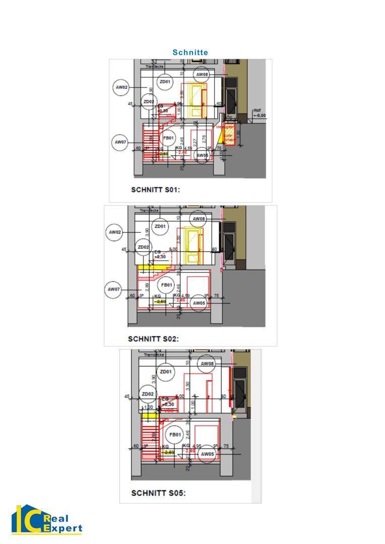 Architektonische Schnitte des Gebäudes zur Veranschaulichung der Raumhöhen und Struktur.
