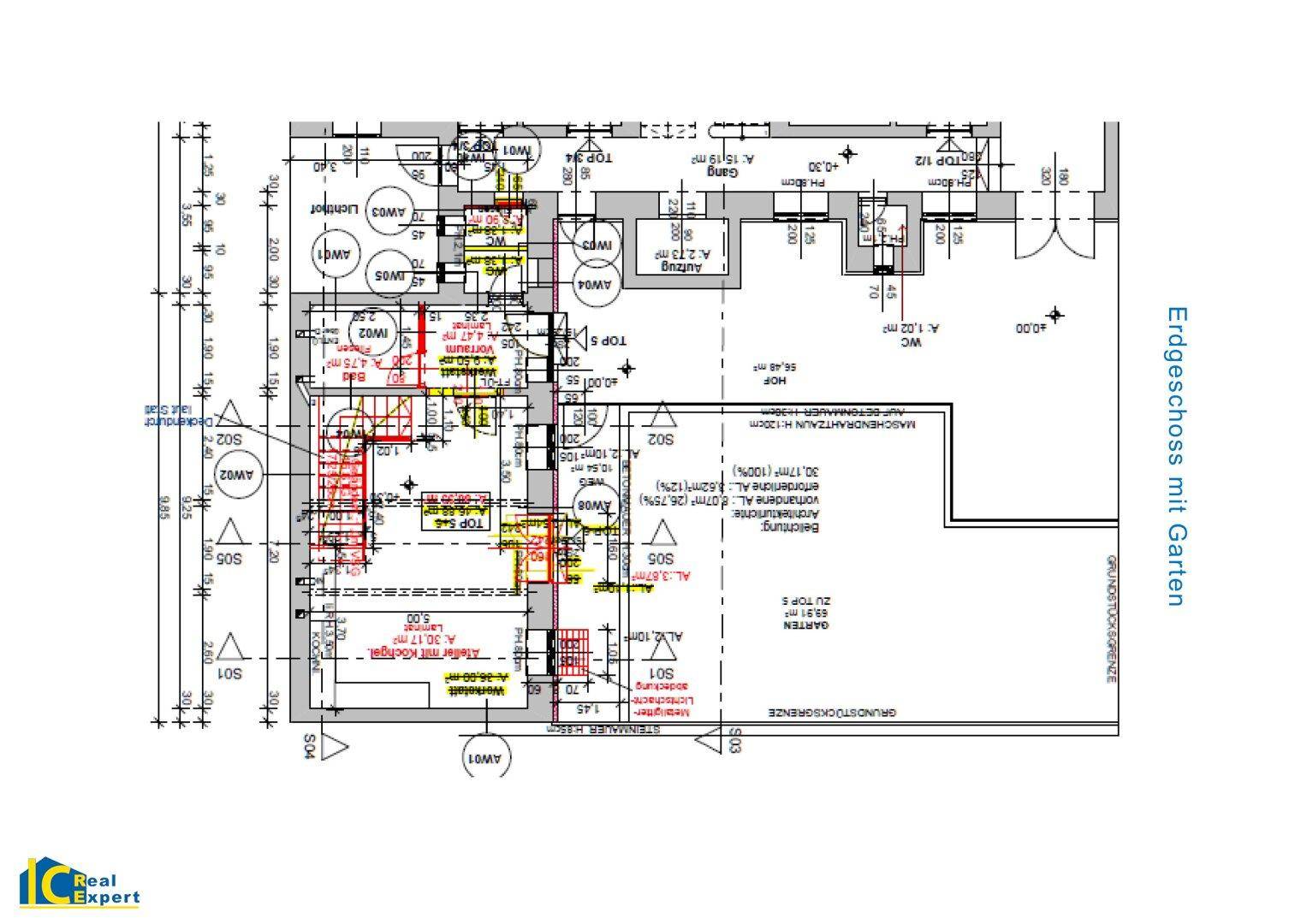 Grundriss des Erdgeschosses mit Garten, Terrasse, Balkon und offenem Wohnbereich.