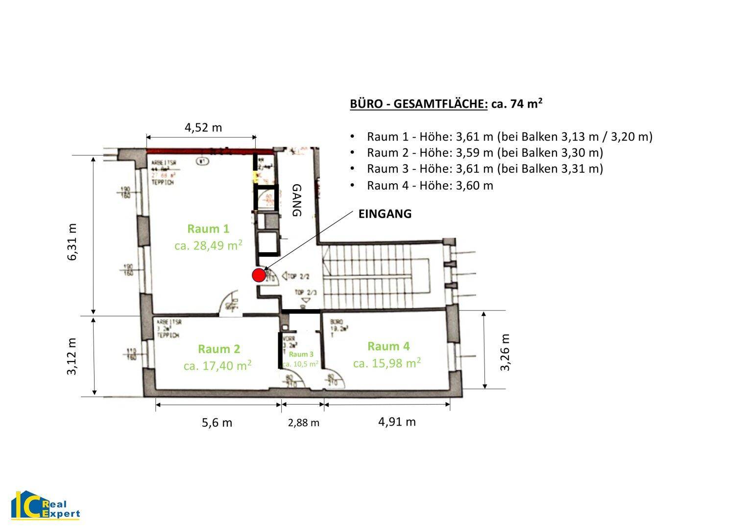 Übersichtlicher Grundrissplan mit vier Räumen und einer Gesamtfläche von ca. 74 Quadratmetern.