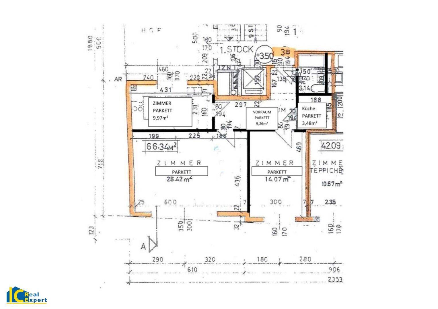 Detaillierter Grundriss einer Wohnung mit mehreren Zimmern und Flächenangaben.