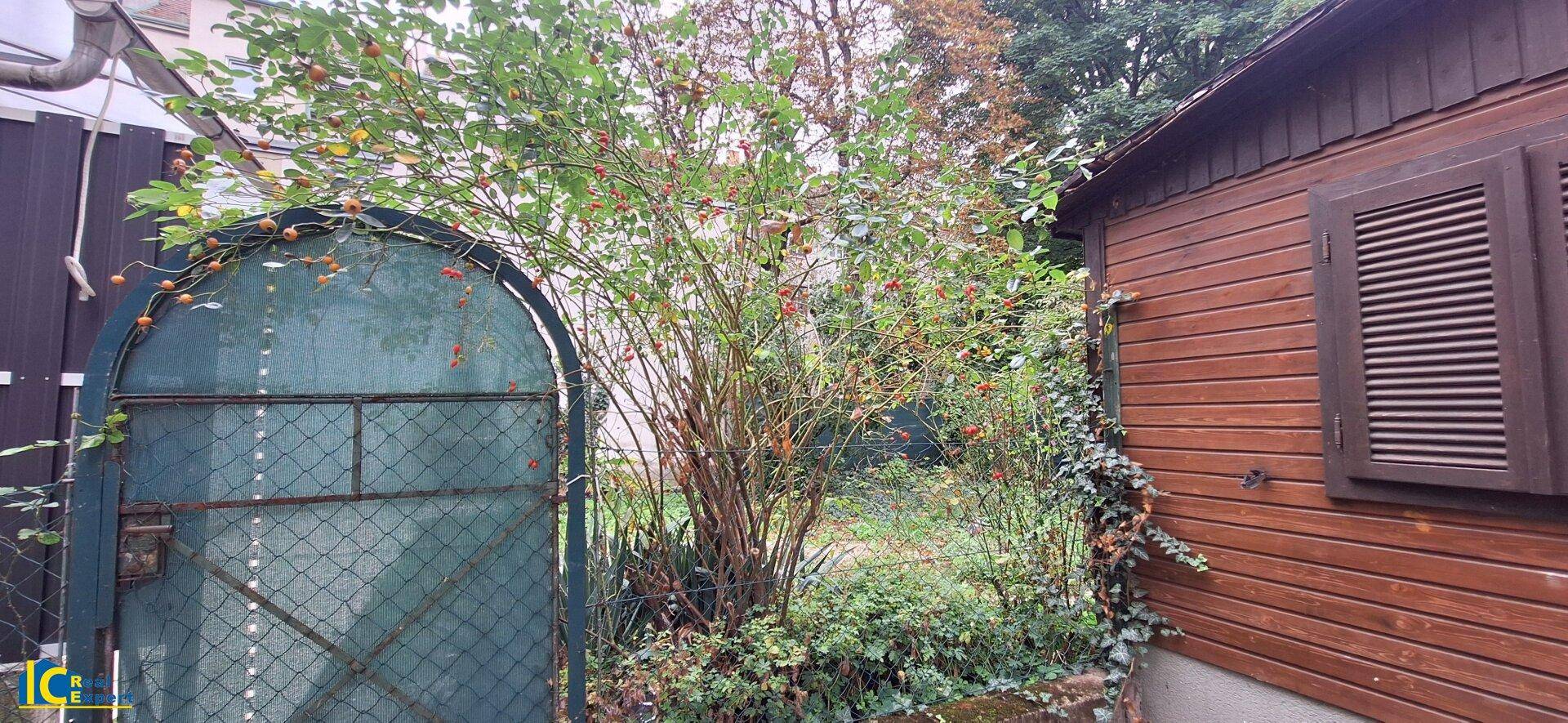 Abgegrenzter Garten mit Terrasse und Gartenhütte