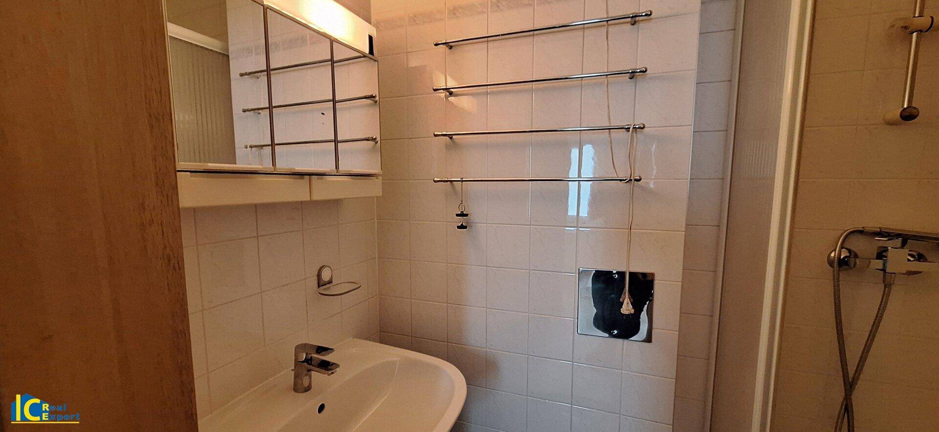 Badezimmer mit Waschbecken, Spiegelschrank und Duschbereich.