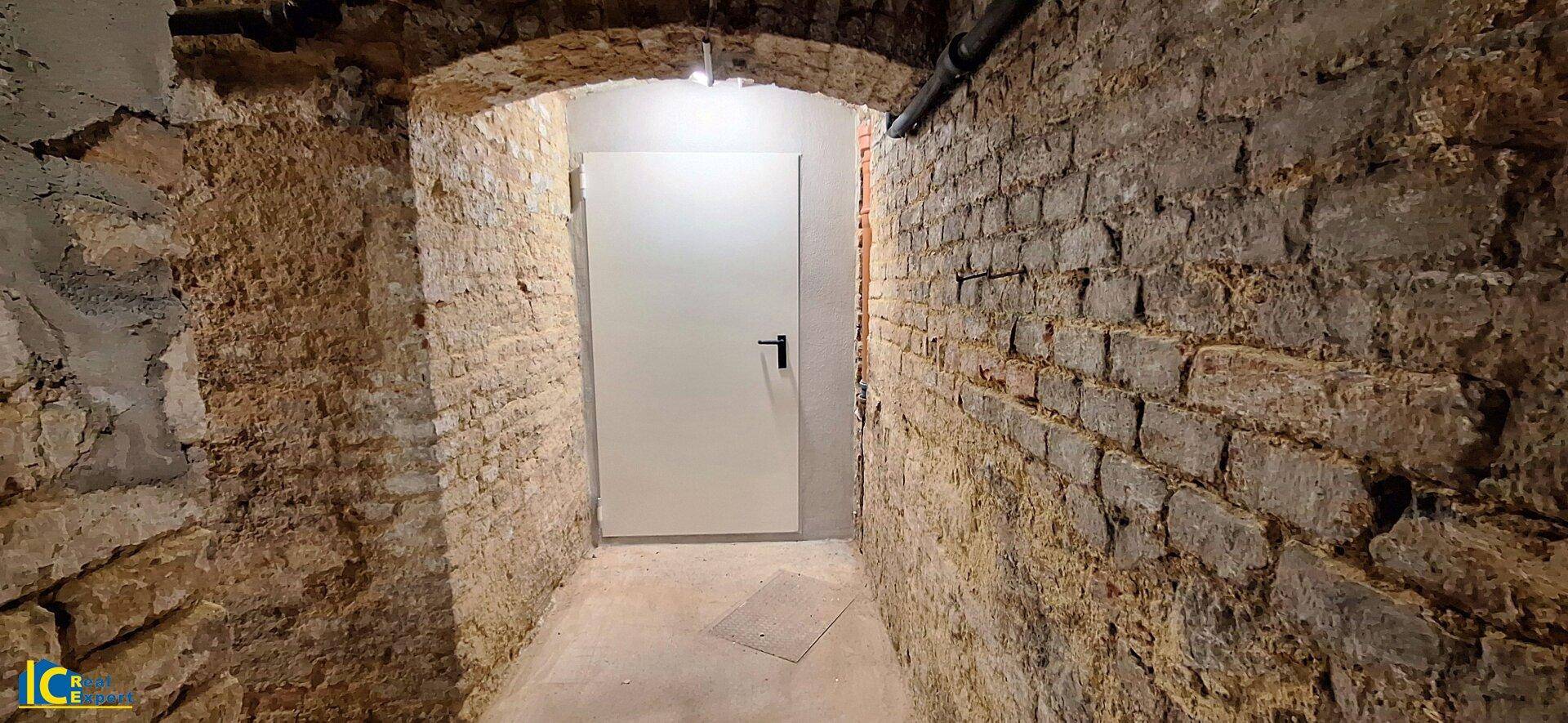 Historischer Kellerraum mit freiliegenden Ziegelwänden, Gewölbedecke und einer modernen Tür.