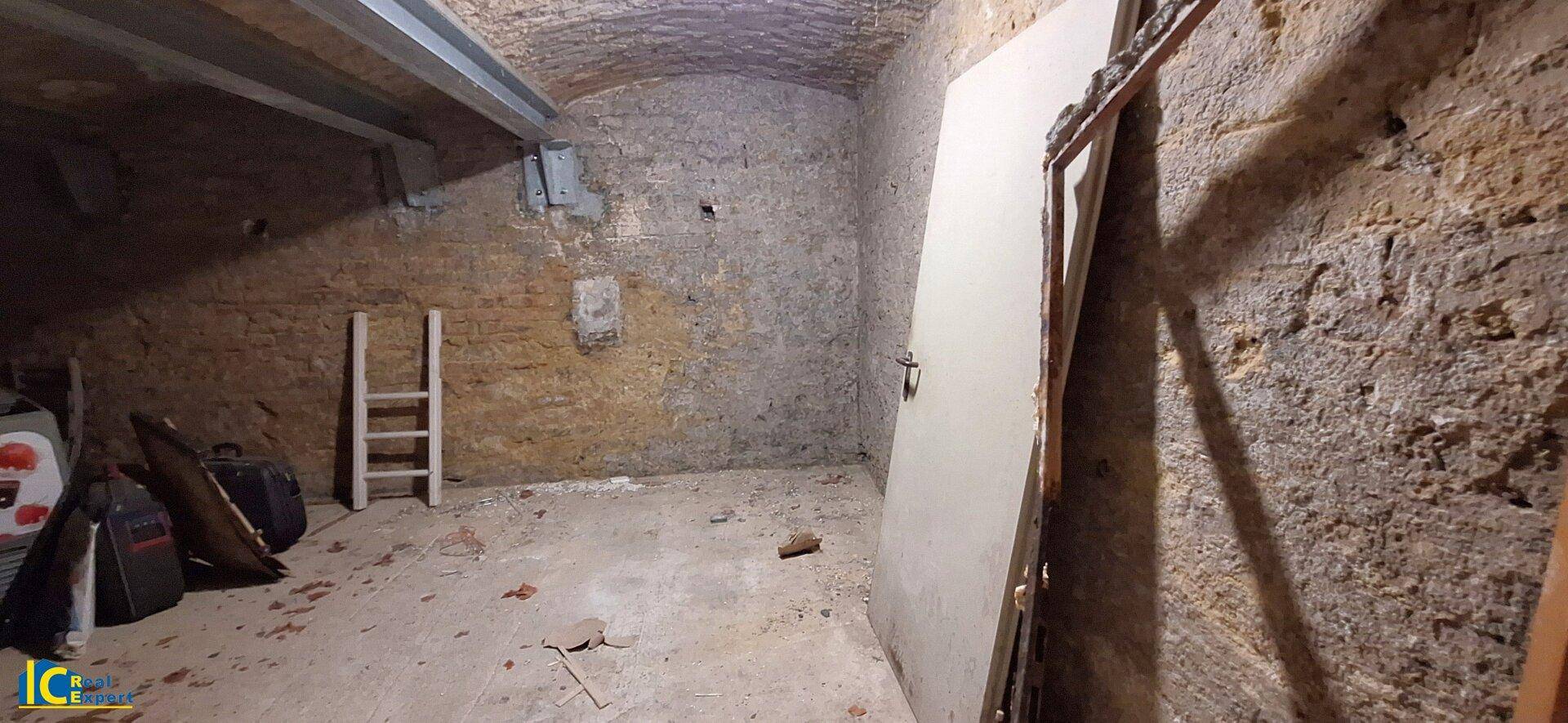 Geräumiger Kellerraum mit unverputzten Ziegelwänden, Gewölbedecke und Lagerfläche.