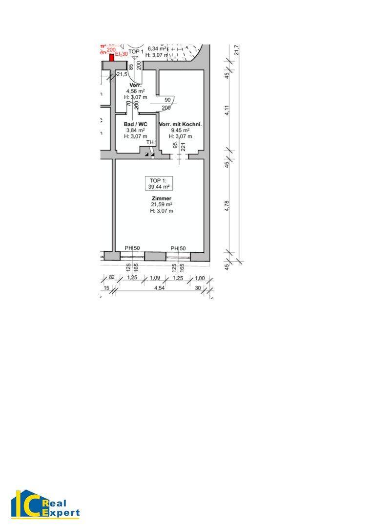 Technischer Grundriss einer Wohnung mit genauen Maßen und Raumaufteilung.