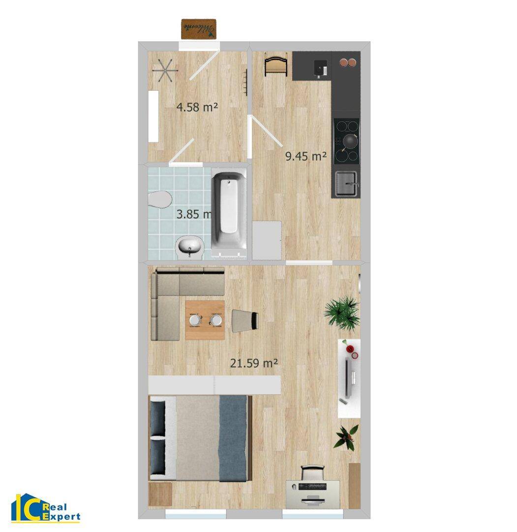Detaillierter Grundriss einer Wohnung mit Möblierung und Flächenangaben in m².