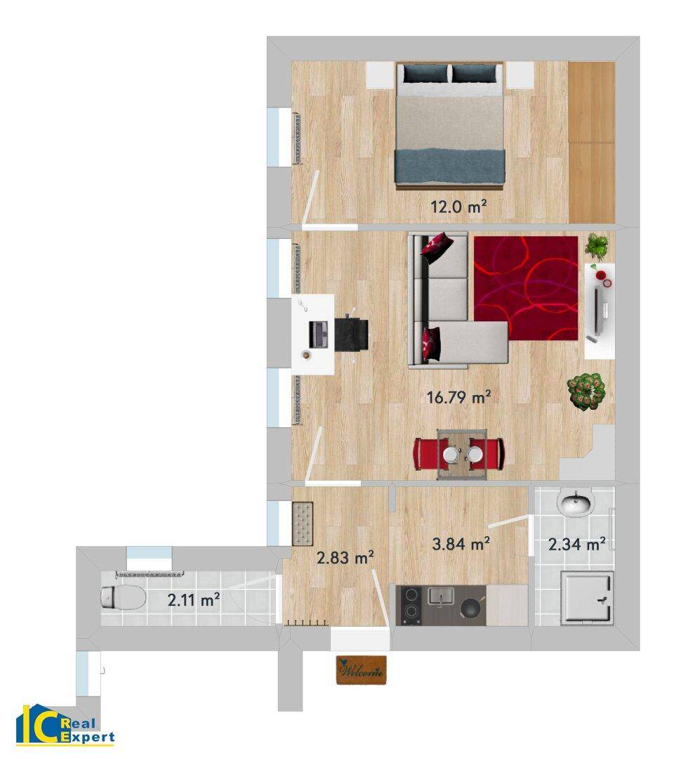 Detaillierter Grundriss einer Wohnung mit Schlafzimmer, Wohnbereich und Küche.