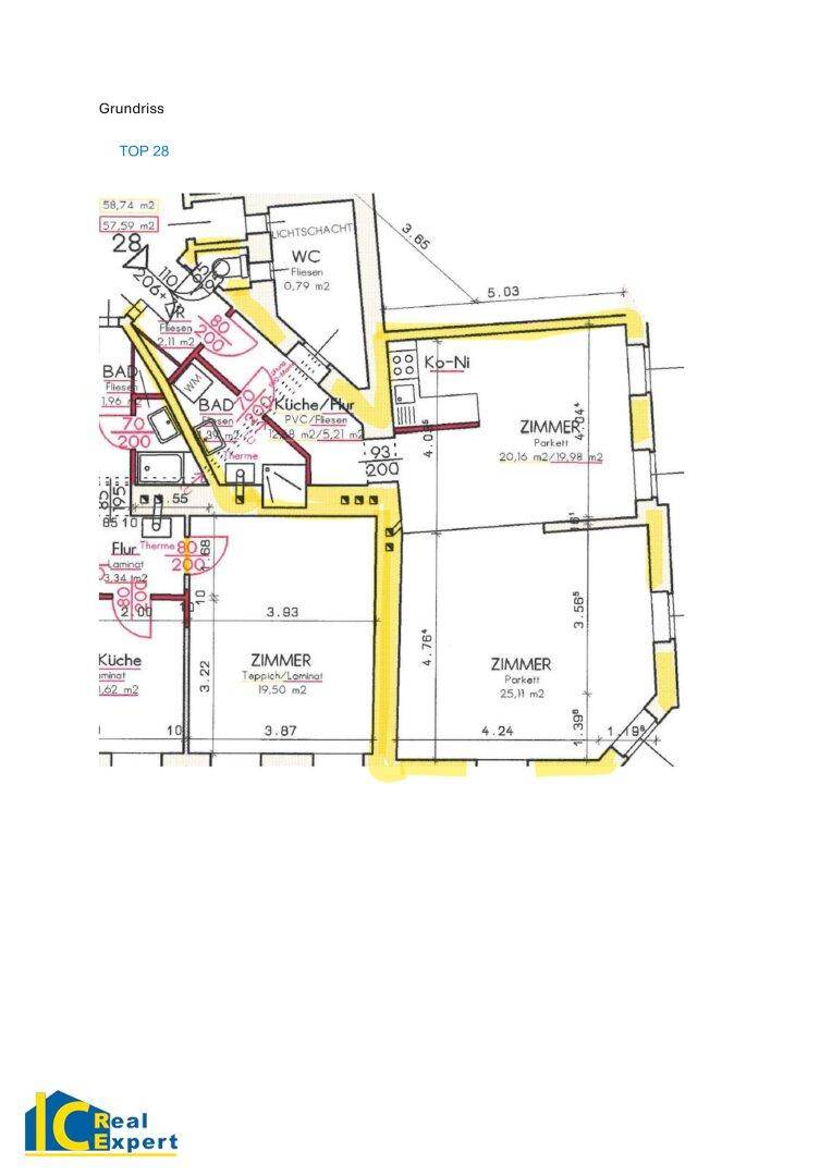 Grundriss der Wohnung mit Zimmern, Bad, WC und Küchenbereich, hervorgehobene Fläche.