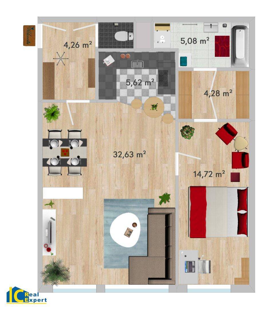 Detaillierter Grundriss einer Wohnung mit offenem Wohn-Essbereich, separater Küche und zwei Bädern.