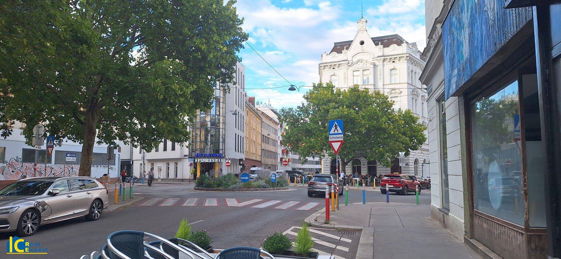 Städtische Straße mit parkenden Autos, historischen Gebäuden und Bäumen unter bewölktem Himmel.