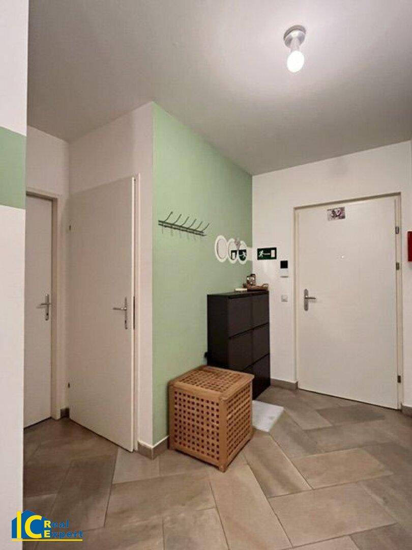 Heller Eingangsbereich mit grüner Wand, Garderobe und praktischem Schuhschrank.