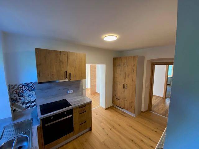 Funktionale Küche mit Holzschränken, Induktionskochfeld und Backofen, bietet viel Stauraum.